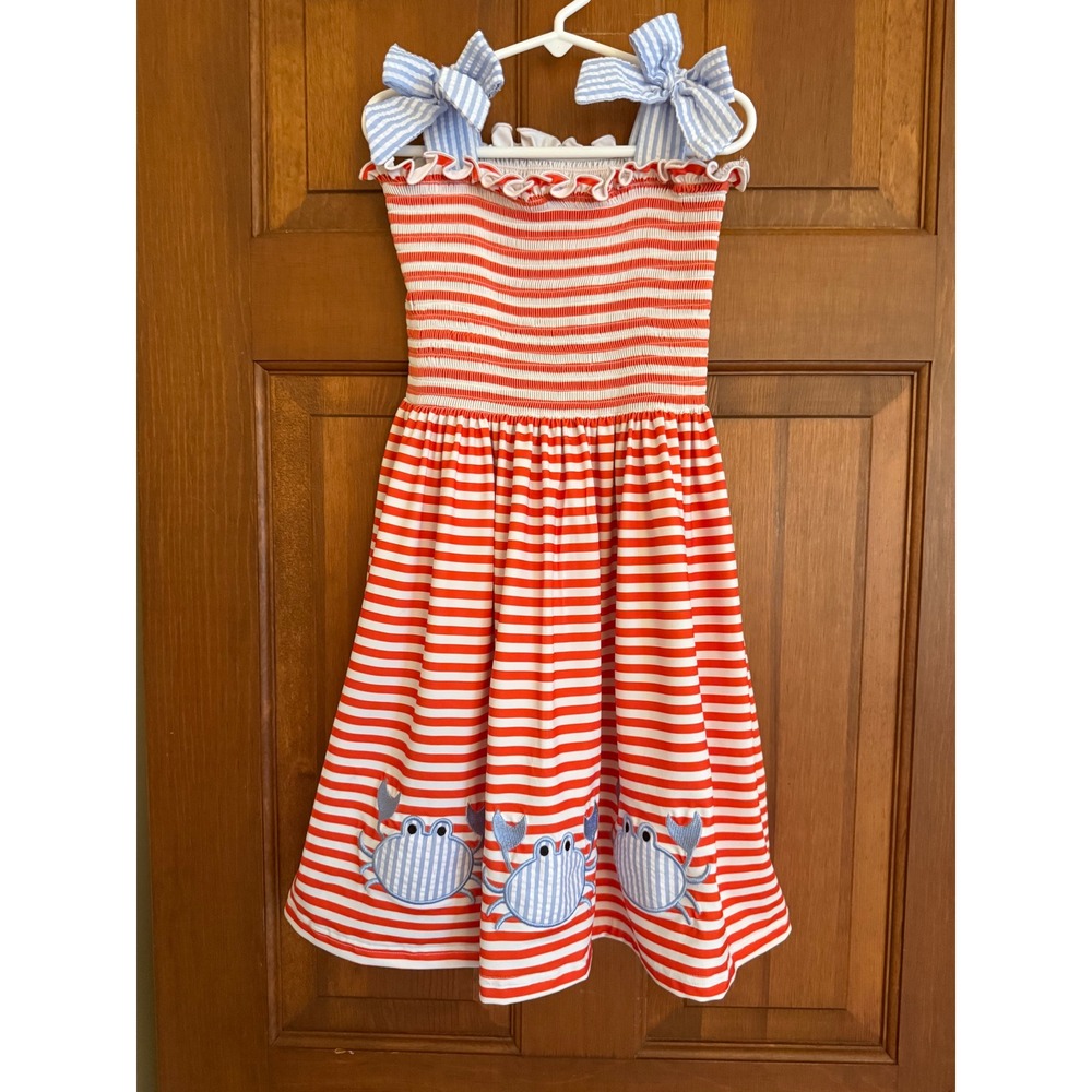 BB Baby Crab Smocked Sundress Girls Size 7 Striped Bow Sleeves Summer Resortwear